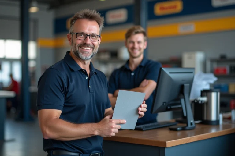 Technicien Midas tenant une carte grise au comptoir d'accueil d'un centre auto