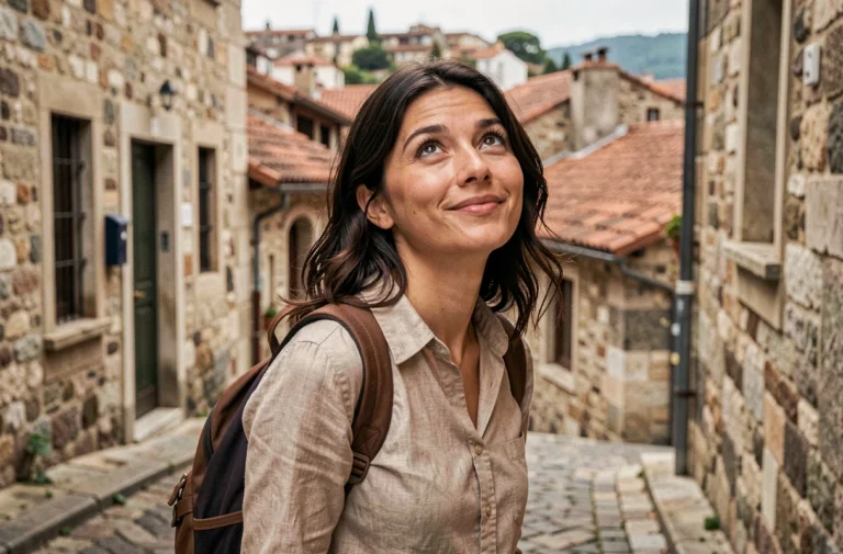 Femme voyageuse explorant une rue pavée européenne avec curiosité et émerveillement, illustrant l'impact des nouvelles expériences sur le cerveau