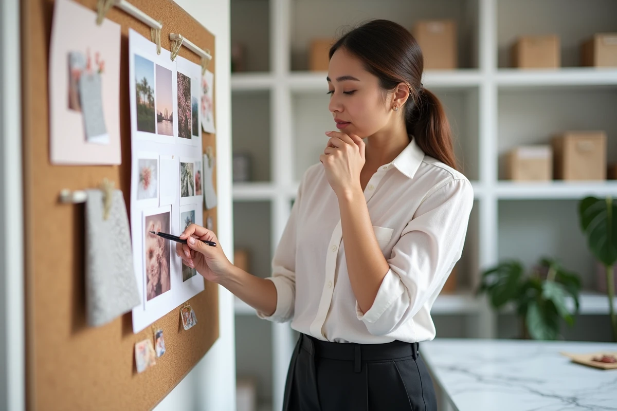 Wedding planner professionnelle analysant un moodboard de mariage dans son studio créatif moderne avec échantillons de tissus et références florales